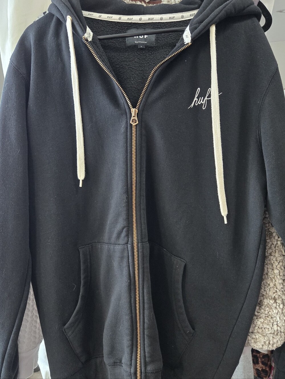 HUF Black Zip-Up Fleece Lined Hoodie with White Drawstrings